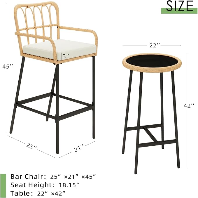 Vikiullf 3 Pieces Patio Bar Table Set, Outdoor Wicker Bar, All Weather Height - Image 3