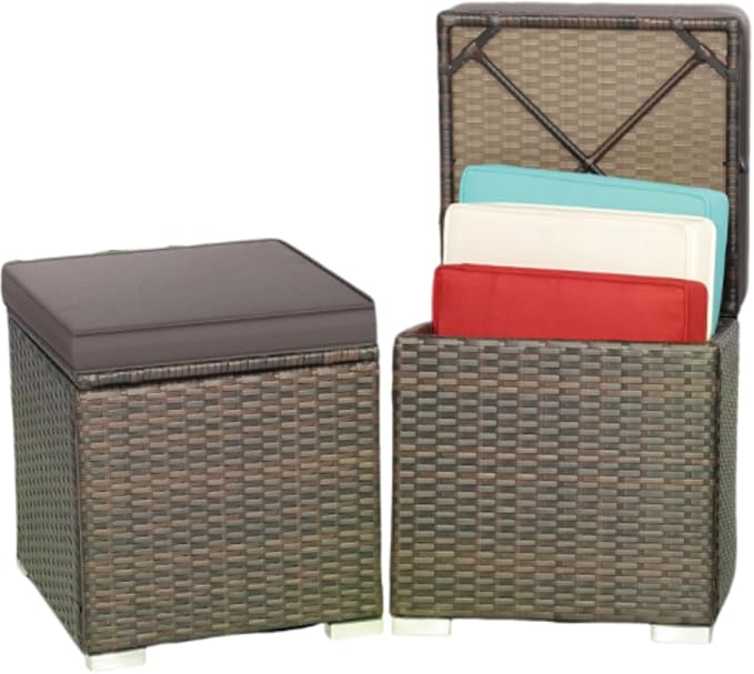 MEDIMALL Patio Wicker Ottoman Set of 2, Rattan Side Table w/Storage, Footstool by MEDIMALL