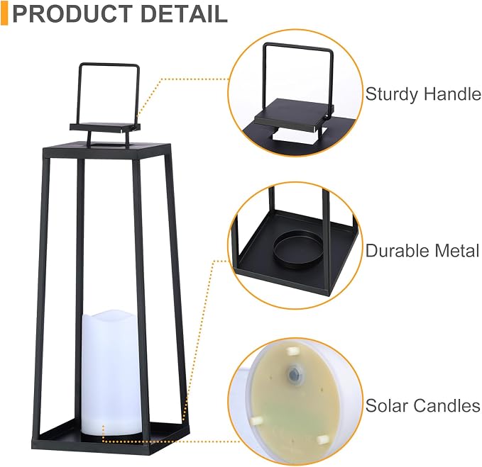 Solar Lantern Decorative Outdoor Set of 2 Modern Black Metal Lanterns - Image 4