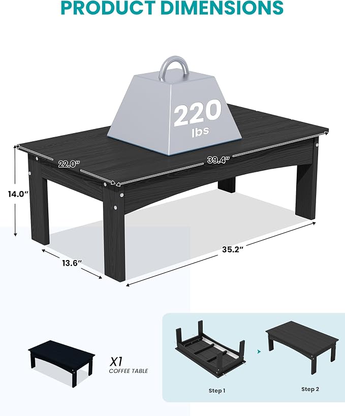 SERWALL HDPE Outdoor Coffee Table, All-Weather Patio Side Table, Durable Patio - Image 2