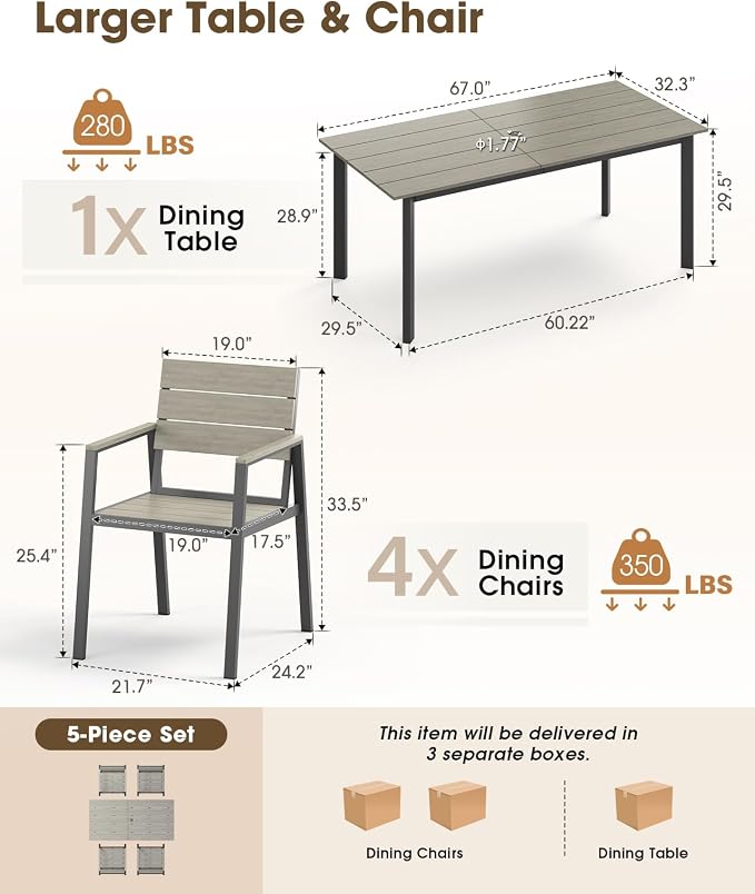 Outdoor Patio Dining Set for 4，Aluminum & HDPS Patio Table and Chairs Set - Image 6