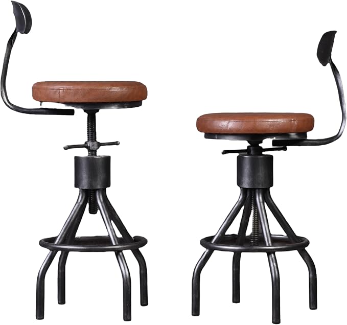 Set of 2 Industrial Leather Bar Stools-Adjustable Swivel Metal Bar Stool-24-30 - Image 5