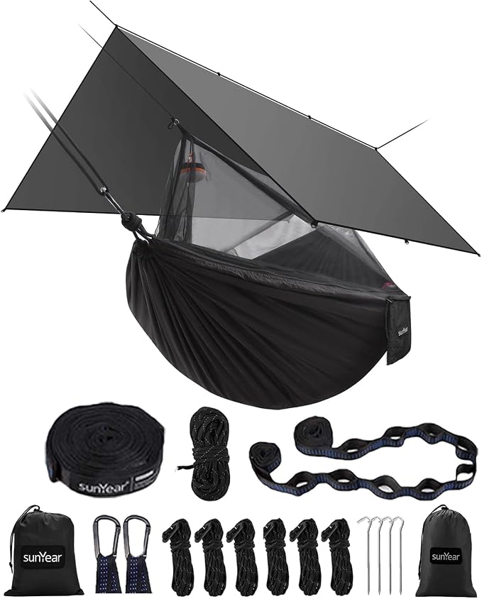 Sunyear Hammock Camping with Rain Fly Tarp and Net, Portable Camping Hammock by SleepSafeSwingFree