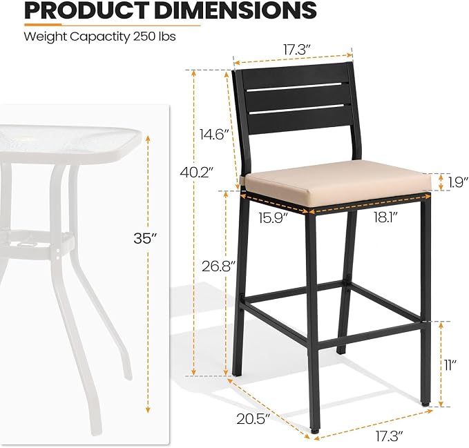 Crestlive Products Outdoor Bar Stools Set of 2, Patio Counter Height Barstools - Image 2