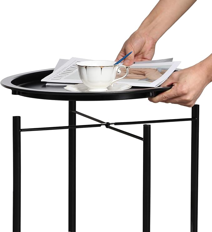 VECELO Side/End Table, Folding Round Metal Anti-Rust and Waterproof Outdoor or - Image 8
