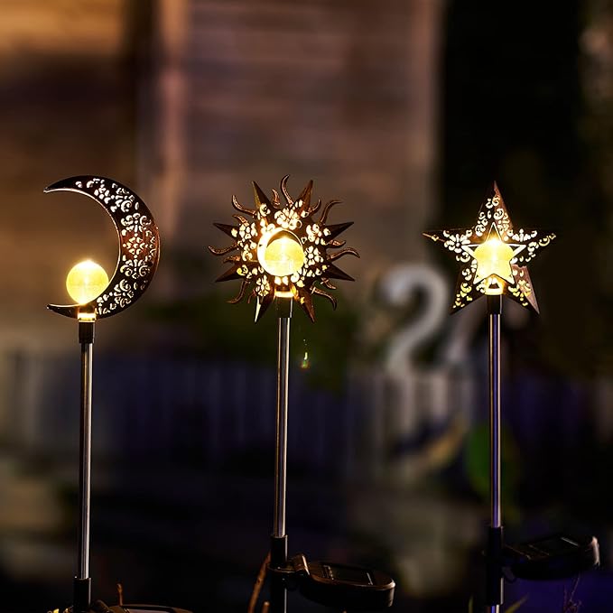 Solar Garden Stake Lights, Moon Sun Star Yard Decorations Outdoor 3 Pack Solar - Image 4