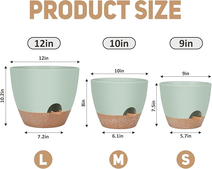 12" 10" 9" Large Self Watering Plant Pots, 3 Pack Flower Pots Planters - Image 2