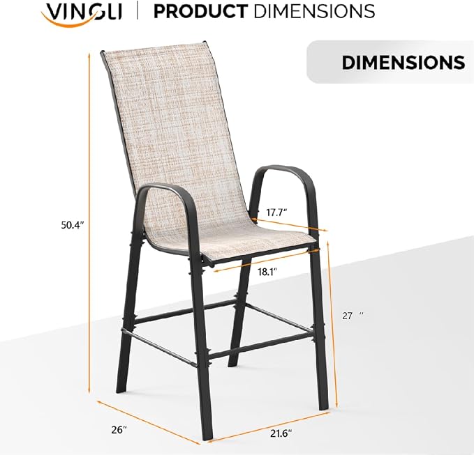 VINGLI Outdoor Bar Chairs Set of 8 – Stackable Outdoor Bar Stools - Image 3