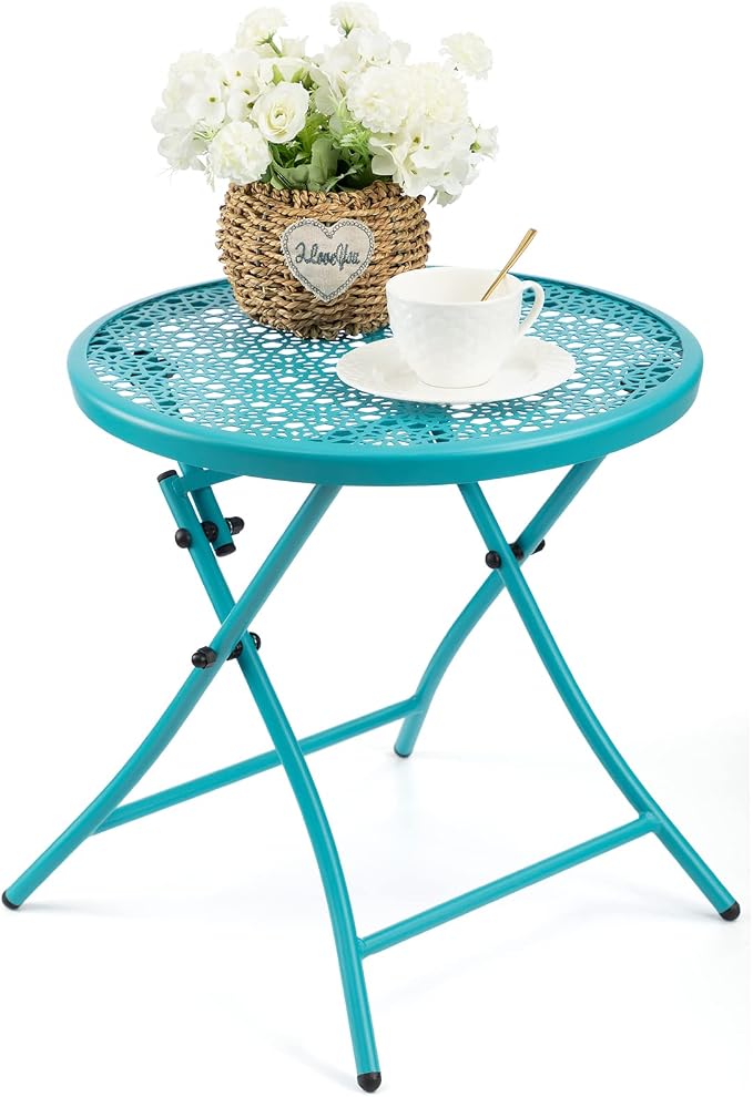 TeoKJ Folding Outdoor Side Tables, Anti Rust Small Patio Table Round Metal by TeoKJ