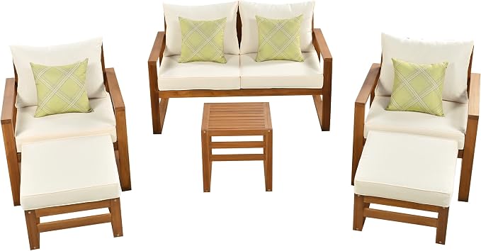 Outdoor Acacia Wood 6-Piece Conversation, Sunroom Furniture Indoor Sectional - Image 4