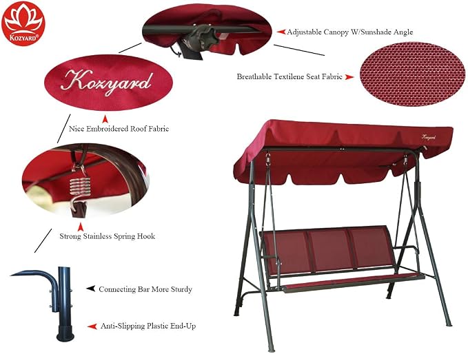 Kozyard 3-Person Outdoor Canopy Porch Swing Chair, Breathable Textilene Armrest - Image 4