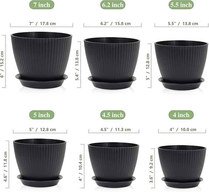 7/6.2/5.5/5/4.5/4 inch Flower Pots, 6 Pack Plant Pots - Image 2