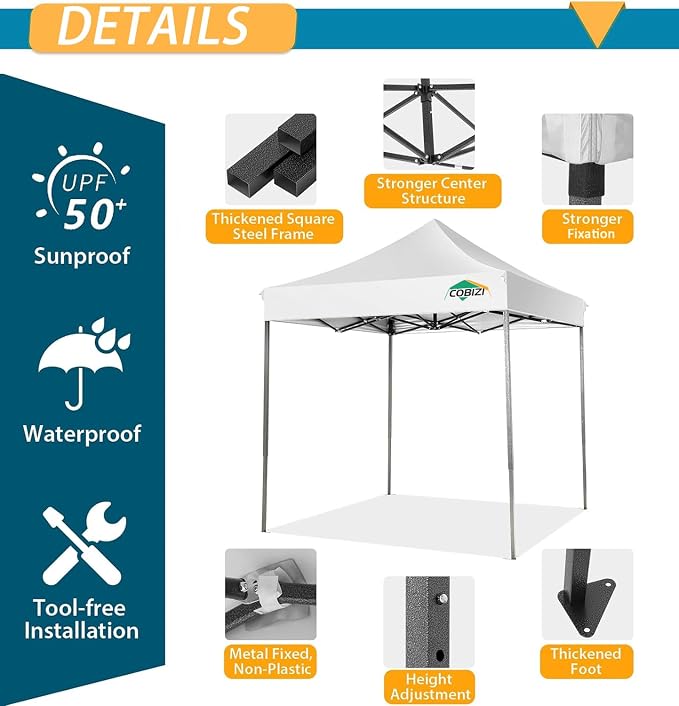 COBIZI 6.6x6.6 Pop Up Canopy Without Sidewall, Heavy Duty Canopy UPF 50+ All - Image 3
