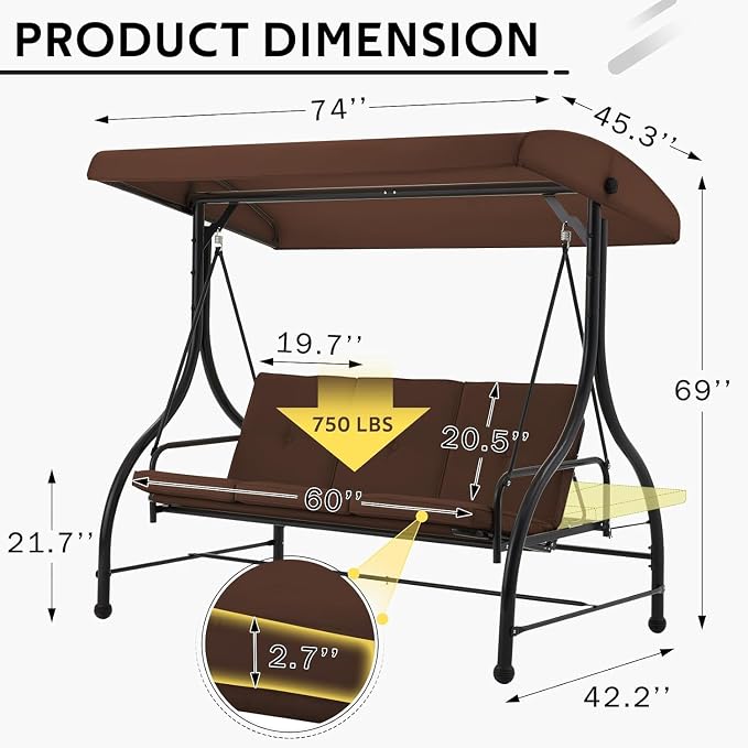 U-MAX Porch Swing with Cover, Patio Swing with Adjustable Backrest&Canopy 3 - Image 3