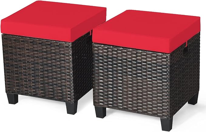 2PCS Patio Outdoor Ottomans, Rattan Wicker Ottoman Seat w/Removable Cushions by Unknown