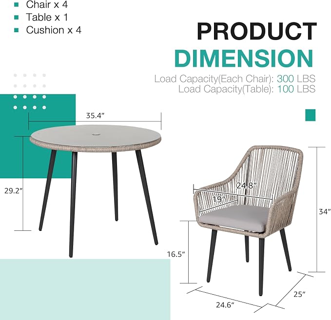 Patiorama 5-Piece Patio Dining Set, Outdoor Dining Table Chair Set, All-Weather - Image 3