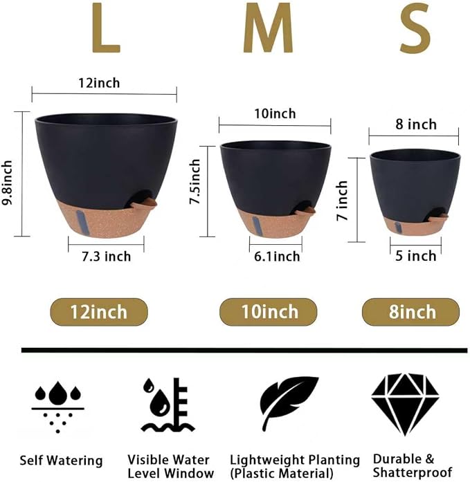 Self-Watering Plant Pots for Indoor Plants: 8/10/12 Inch Large Plastic Planter - Image 2