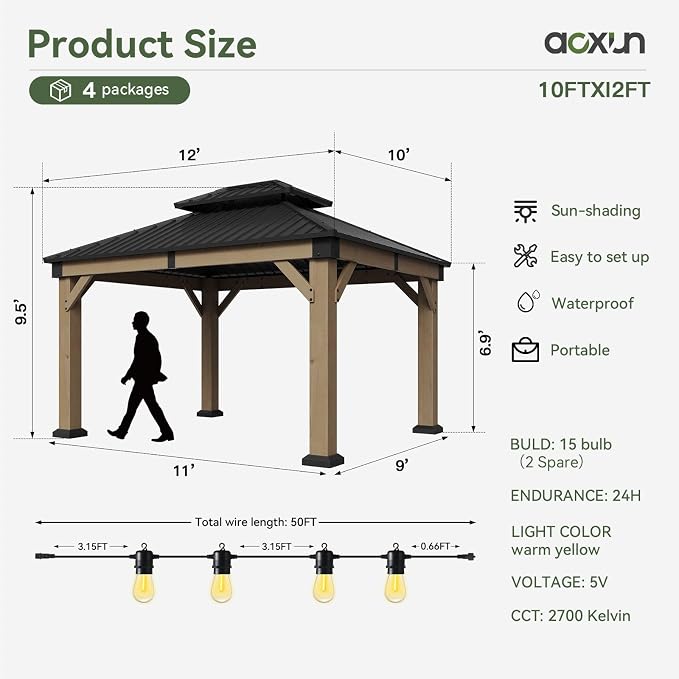 Aoxun 10' x 12' Outdoor Wood Gazebo, Hardtop Gazebo Permanent Wooden Pavilion - Image 8