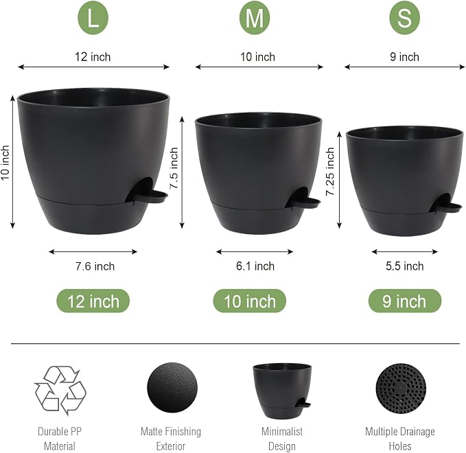 Large Self Watering Pots, 12/10/9 Plastic Planters - Image 2