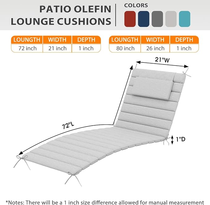 Sundale Outdoor Olefin Quilted Lounge Cushion Set of 2, Patio Foldable Chaise - Image 3