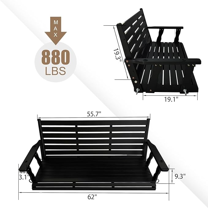 Wooden Porch Swing, Ergonomic Seat, Bench Swing - Image 2
