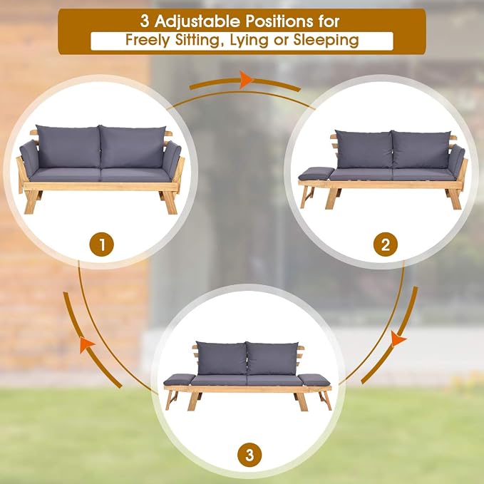 Tangkula Convertible Acacia Wood Patio Couch Sofa Bed - Image 7