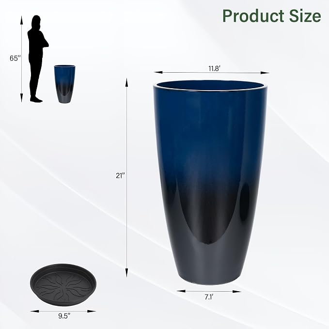Set of 2 Lightweight Ceramic-Look Tall Planter, 21 inch Large Plastic Planter - Image 3