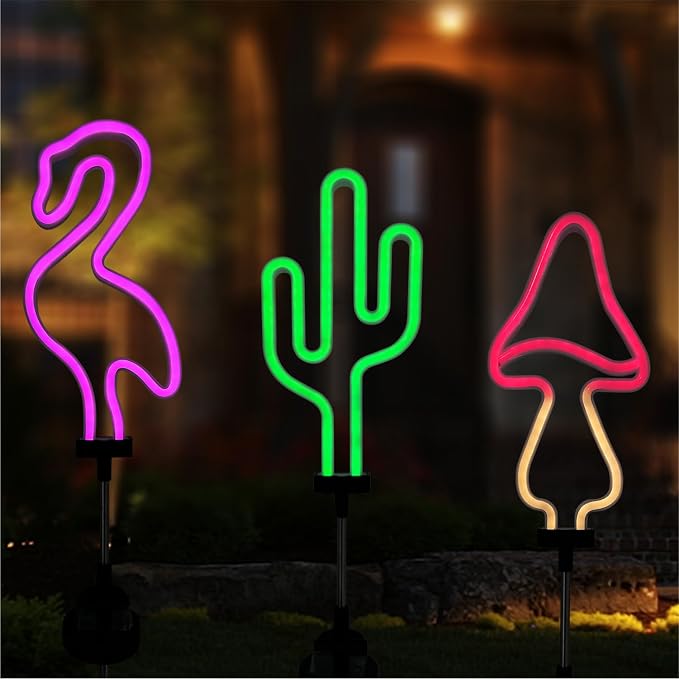 Flamingo Cactus and Mushroom Solar Garden Stake Lights Outdoor Waterproof Neon by Unknown