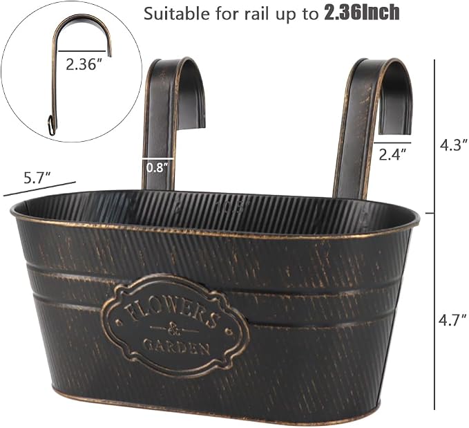 3 Pack Metal Railing Planters, 10.5" Oval Hanging Flower Pots - Image 3