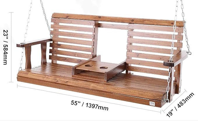 5 Ft Wooden Porch Swing with Flip Cup Holder, Swing Chair Bench with Hanging - Image 3