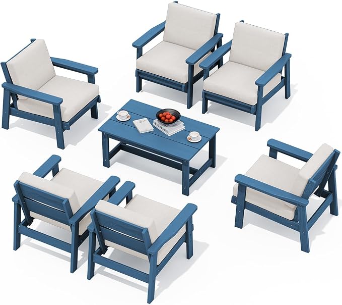 SERWALL HDPE Outdoor Furniture Set, 7 Piece All Weather Wood-Like Outdoor Sofa by SERWALL