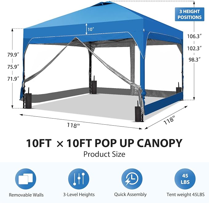 10x10 FT Pop Up Canopy with 4 Clear PVC Sidewalls, Instant 1-Button Push Canopy - Image 7