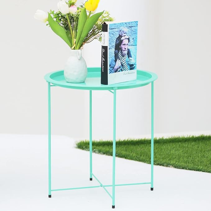Garden 4 you End Table Metal Side Table Green Round Folding Tray Cyan Sofa - Image 9