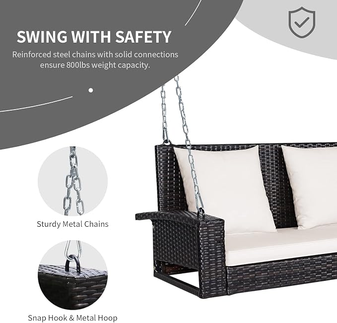 RELAX4LIFE 2-Seat Rattan Porch Swing, Wicker Outdoor Swings w/7.9 Ft Solid - Image 5