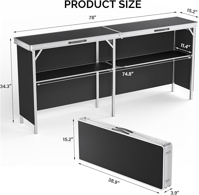 VINGLI 43" Portable Bar Table, 3-Tier Shelves, Carry Bag，Mobile Bar Table - Image 3