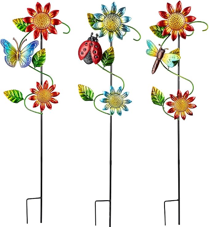 3 Pcs Sunflower＆Butterly＆Ladybug＆Dragonfly Decorative Garden Stakes, 23.5 in by SATHGA