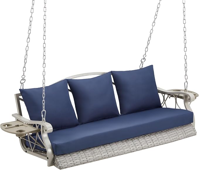 Heavy Duty 900 LBS Porch Swing Chair 3-Person Outdoor Rattan Patio Swing Lounge by zzw