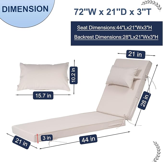 Outdoor Chaise Lounge Cushions Set of 2, Waterproof Fade Resistant Patio - Image 5