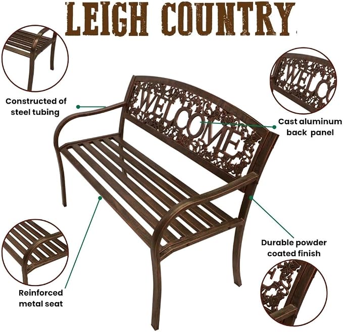 Leigh Country Metal Outdoor Bench, Welcome Design, Decorative Patio Seating - Image 4