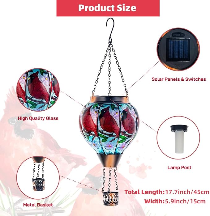 DREAMSOUL 2PCS Cardinal Hot Air Balloon Solar Lantern, Hanging Glass Solar - Image 2