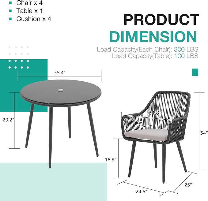 Patiorama 5-Piece Patio Dining Set, Outdoor Dining Table Chair Set, All-Weather - Image 3
