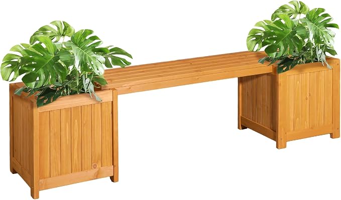 VINGLI Outdoor Wood Bench with Planter Boxes, 2-in-1 All-Weather Porch Bench by VINGLI