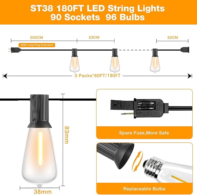 GLUROO Outdoor String Lights 180FT, 90+6Pcs Vintage Bulbs Shatterproof 2700K - Image 5