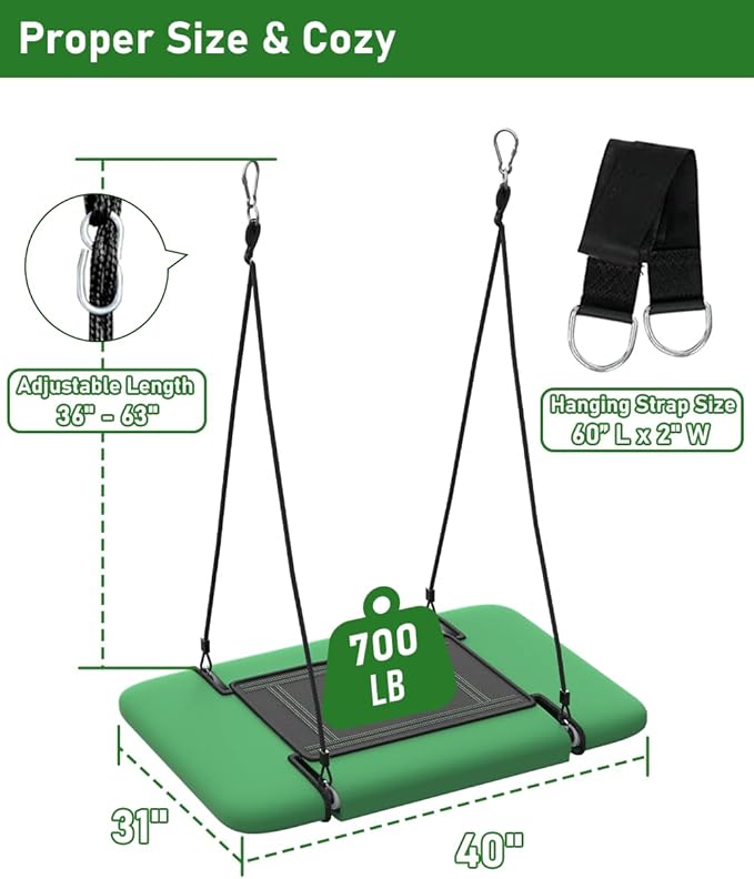 40" Retangular Tree Swing for Kids & Adults, Adjustable Platform Swing - Image 3