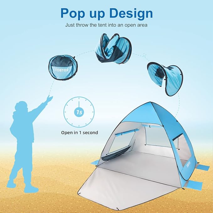 TOBTOS UPF 50+ Pop Up Beach Tent, Easy Set Up Beach Umbrella, Sun Shelter - Image 5