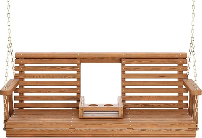 5 Ft Wooden Porch Swing with Flip Cup Holder, Swing Chair Bench with Hanging - Image 2