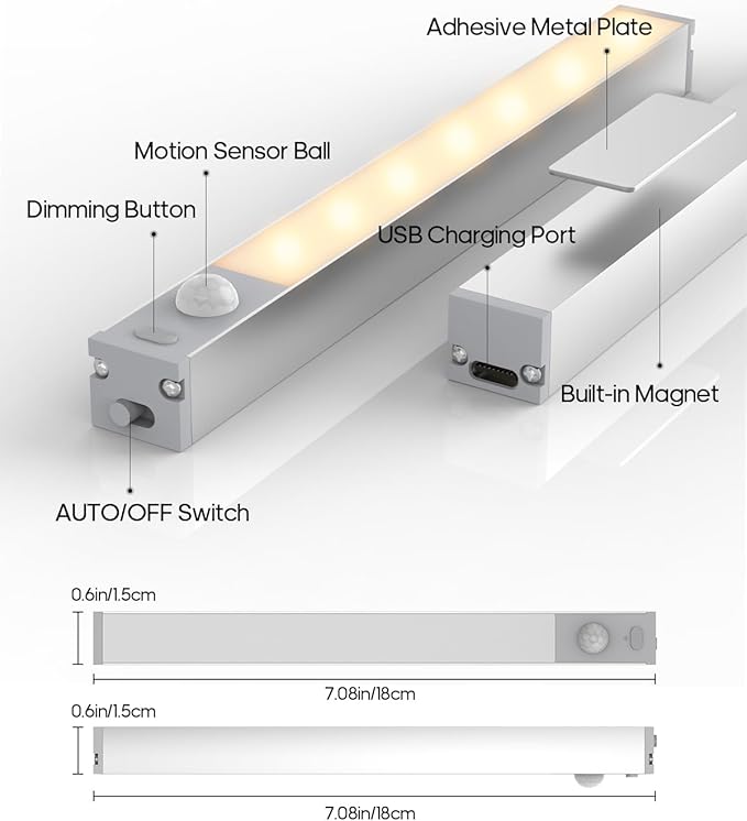 Led Under Cabinet Lights Wireless, 7’’ Rechargeable Motion Sensor Light Indoor - Image 2