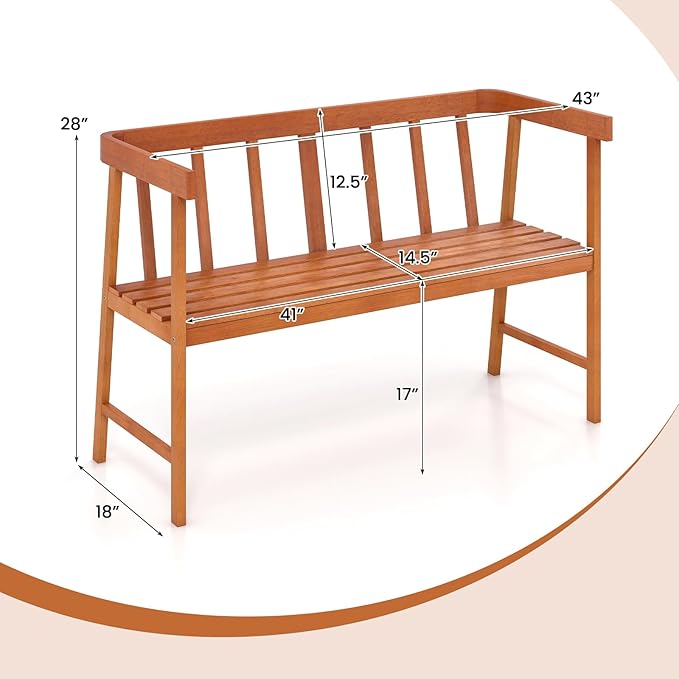 Tangkula Outdoor Eucalyptus Wood Bench, 2-Person Garden Bench - Image 3