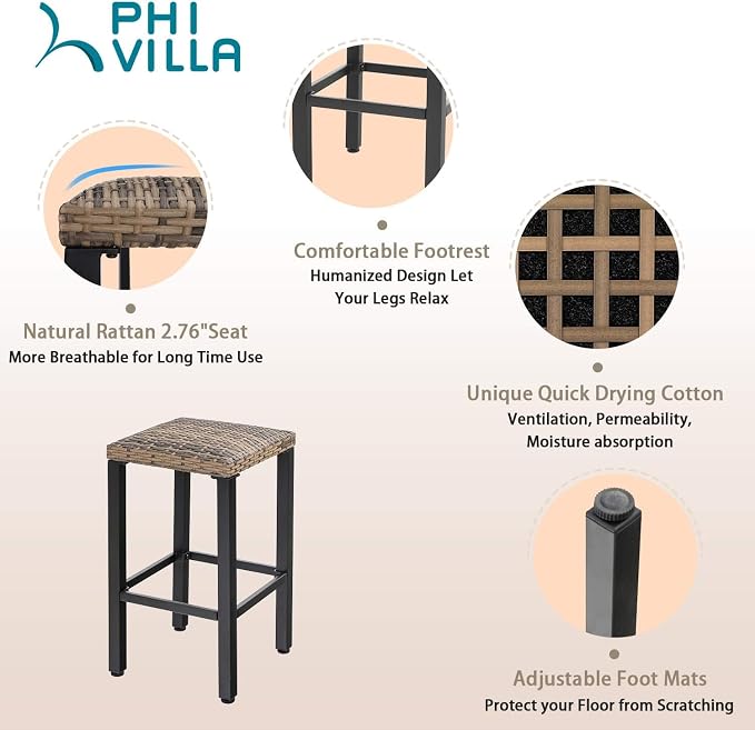 PHI VILLA Outdoor Bar Stools Set of 4, 26” Wicker Seat Counter Height Backless - Image 9