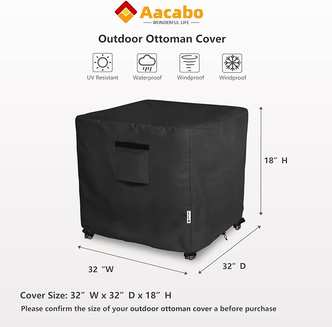Patio Ottoman Cover, 32W x 32D x 18H inch, Waterproof Square Patio Small Side - Image 2
